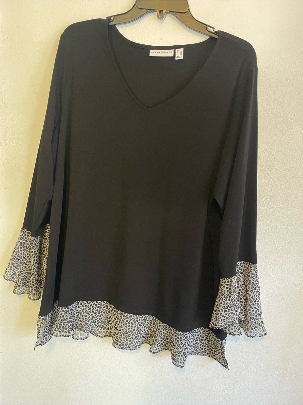 Susan Graver Black V-Neck Long Sleeve Top with Leopard Ruffle Hem
